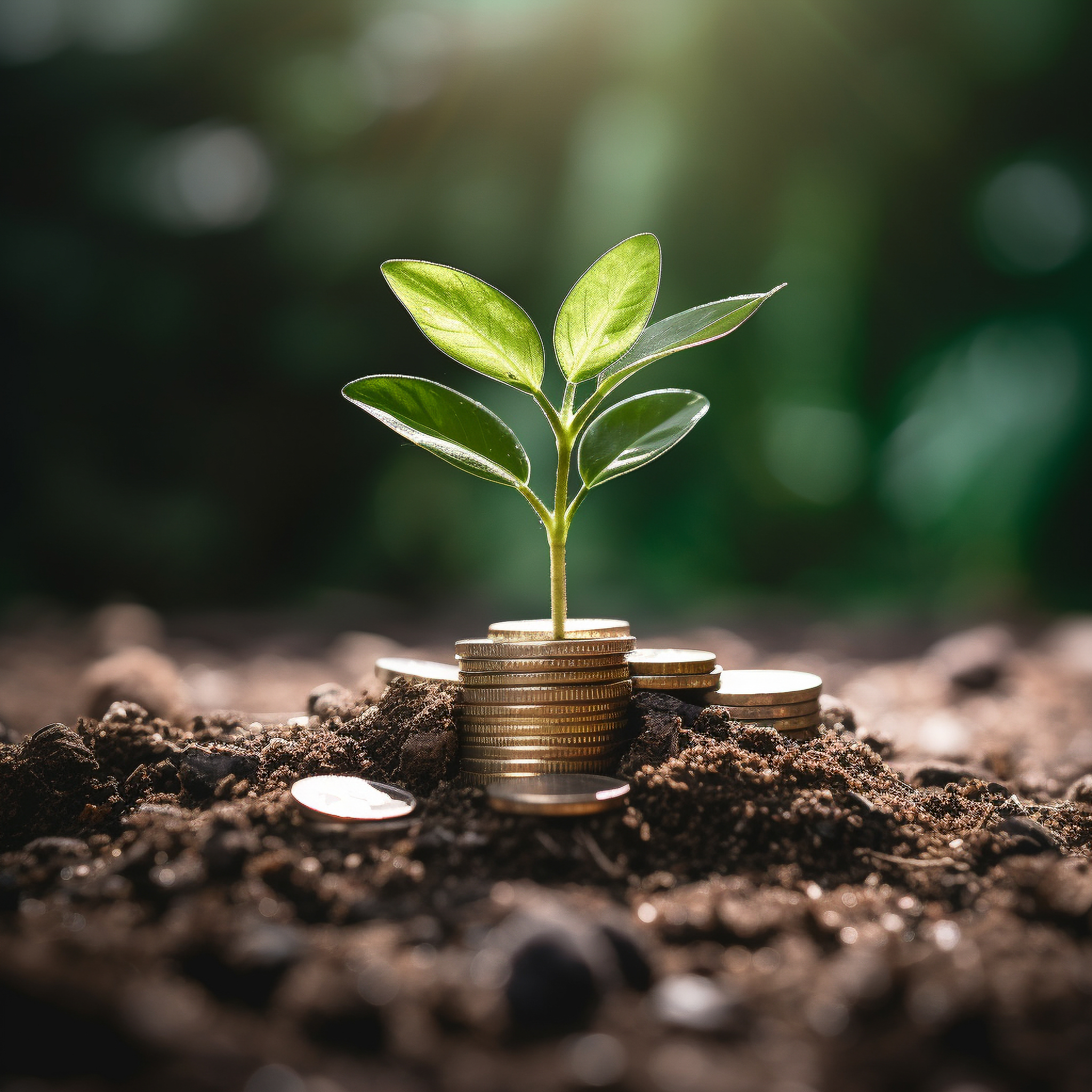 a green plant growing out of a pile of coins with trees behind it, in the style of detailed world-building, nul group, shaped canvas, earthworks, high quality photo