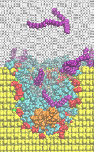 A functionalized (red/green) pore (yellow) filled with an ionic liquid(IL)-based biphasic solution (cyan and gray) including catalytic (orange) and substrate (purple) molecules.