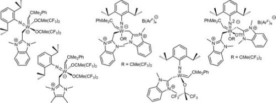 Betainic and ionic tungsten (VI) imido alkylidene N-heterocyclic olefin complexes